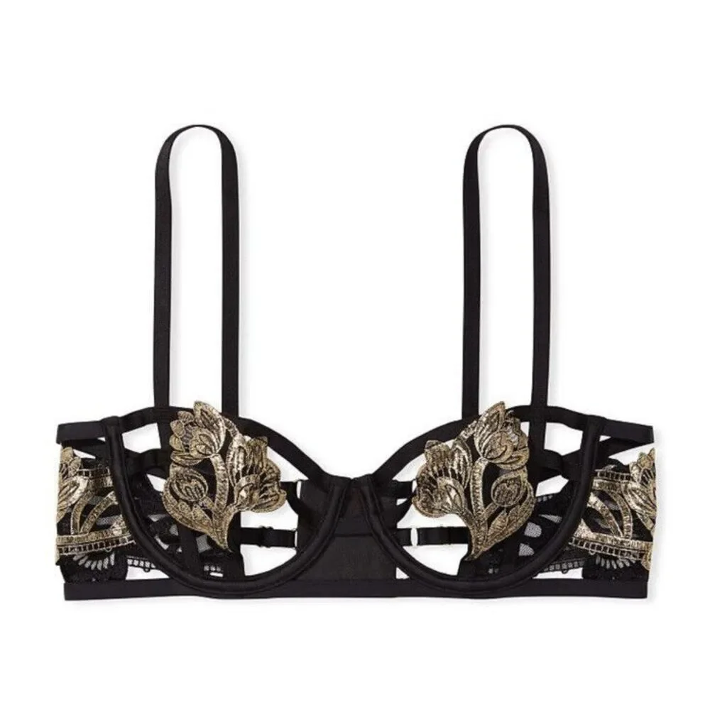 Victoria's Secret Unlined Embroidered Open Cup Balconet te Bra 34DD Black Gold‎